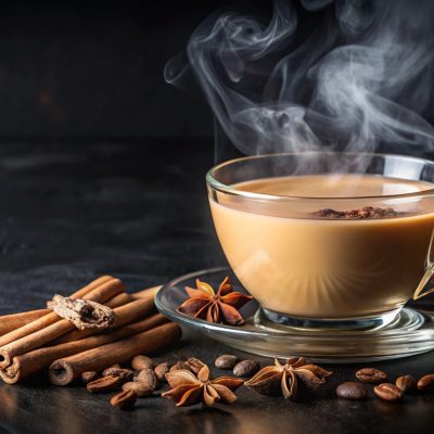 A steaming cup of masala chai with spices and coffee beans on a dark surface.